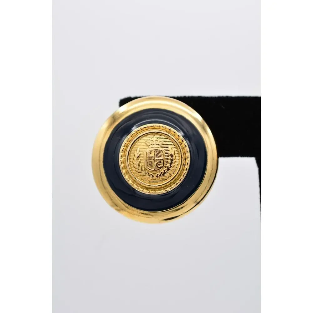 Liz Claiborne Vintage Earrings Gold Coin Chunky Black Logo LCI Signed 90s 9L